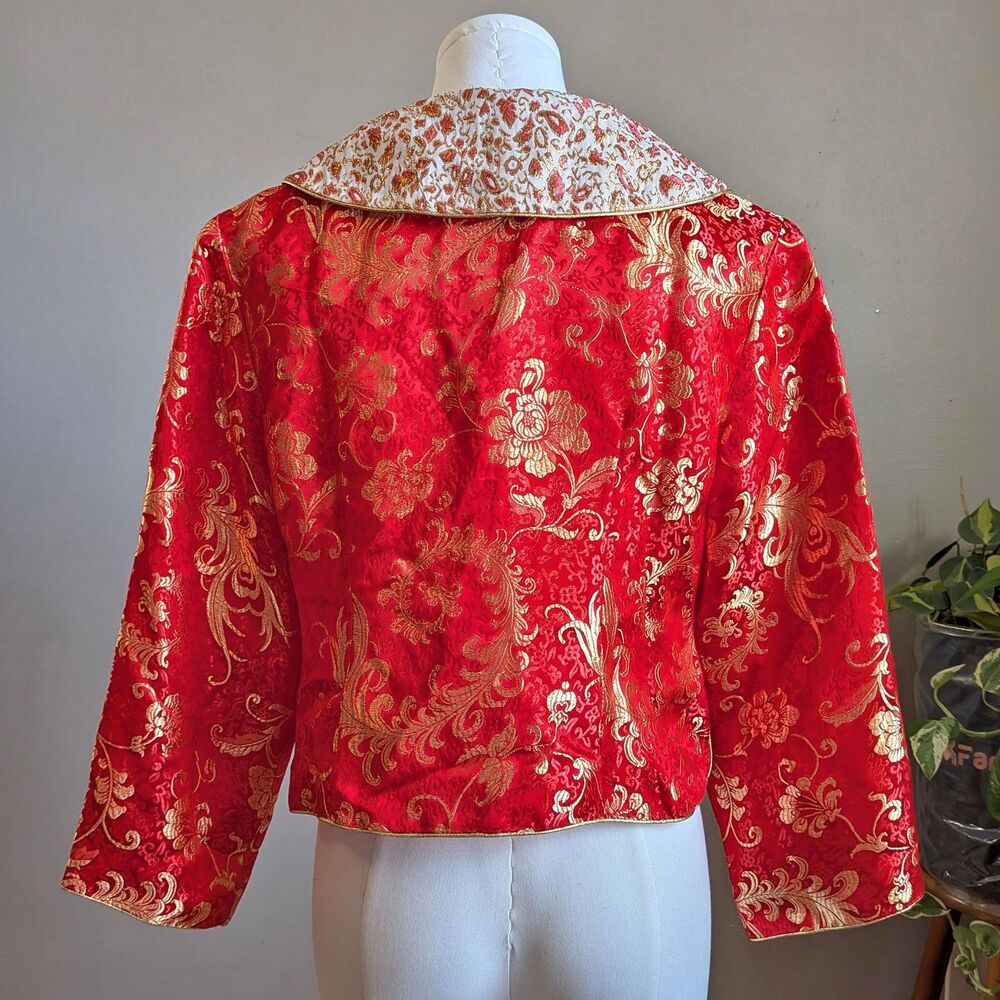 Huamei Red Brocade Jacket Traditional Chinese Gold Frog Closure Size 15 - Picture 4 of 15